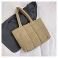 Quilted down cotton tote bag in khaki finish featuring spacious square stitching design - Khaki