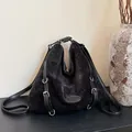 Versatile black chenille tote bag with leather strap and silver buckle for autumn - Black