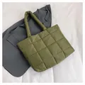 Army green quilted puffer tote bag with wide shoulder straps in a minimalist casual style - Green