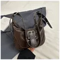 Retro dark brown matte leather underarm bag with large silver buckle and eyelet strap - Coffee