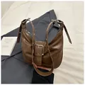 Retro brown PU leather crescent shoulder bag with metallic buckle strap details - Brown