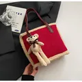 Red suede tote bag with faux fur trim and cute bear keychain for autumn and winter - Red With Bear Charm / Red