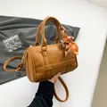 Brown litchi grain Boston cylinder handbag with orange silk scarf and shoulder strap - Lychee Texture / Brown