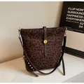 Retro coffee leopard print bucket bag with gold rivets and leather buckle strap - Leopard Print