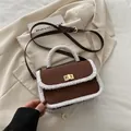 Brown suede crossbody bag with white fleece trim and elegant diamond quilting detail - Brown