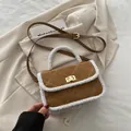 Brown suede crossbody bag with white sherpa trim and golden lock for women - Brown