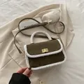 Retro olive green quilted handbag with white sherpa trim and golden twist lock - Green