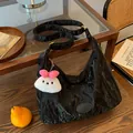 Black pleated texture large shoulder bag with cute plush pendant and adjustable strap - Black With Rabbit Pendant
