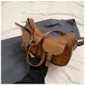 Brown vintage PU leather shoulder bag with multi-pocket design and gold hardware - Brown