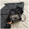 Minimalist black and white plaid tweed crossbody bag with adjustable leather strap - Black Plaid