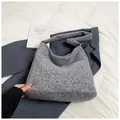 Gray chunky knit tote bag with large capacity and thick textured woven wool finish - Gray