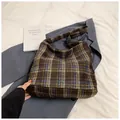 Retro brown and blue plaid wool tote bag with thick strap for autumn and winter outfits - Brown Plaid