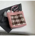 Pink faux shearling tote bag with brown checkered pocket and leather handles - Pink