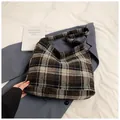 Brown and blue plaid wool hobo bag with large capacity and thick shoulder strap - Black Grid