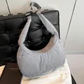 Quilted light gray nylon crescent shoulder bag with wide strap and silver hardware - Gray