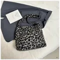 Winter faux fur leopard print tote bag with large capacity and wide shoulder strap - Leopard Print Grey
