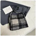 Winter plush tote bag with black and white checkerboard pattern and shoulder strap - Grey Black Plaid