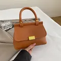 Brown lychee-textured leather small square handbag with golden vertical metal clasp - Brown