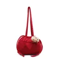 Large red corduroy tote bag with drawstring closure and cute plush bear charm - Wine Red with Pendant