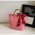 Pink Chinese wedding canvas tote bag with bamboo handle and red double happiness bow - Pink (Bai Xi)