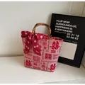 Red Double Happiness canvas wedding tote bag with bamboo handles and decorative silk scarf - Red (Da Xi)