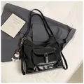Black high-capacity PU leather tote bag with contrast stitching and puppy charm - Black With Pendant