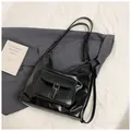 Large black tote bag with white contrast stitching and metallic buckle detail - Black without Pendant