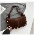 Chocolate brown vintage faux suede shoulder bag with large silver ball stud accents - Brown