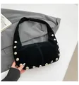 Vintage black suede hobo bag with silver metallic rivets for casual daily fashion - Black