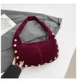 Vintage burgundy suede hobo bag with polished metal ball rivets and shoulder strap - Burgundy