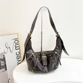 Vintage dark brown waxed leather hobo bag with gold rivets and adjustable strap - Black