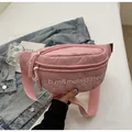 Pink quilted nylon chest bag with white letter embroidery and matching wide strap - Pink