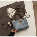 Retro light blue basket tote bag with brown leather straps and plush ice cream charm - Blue with Pendant