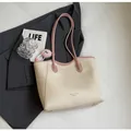 Minimalist cream and pink tote bag with contrast stitching and plush keychain detail - With Ornament / White and Pink