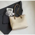 Minimalist beige and brown colorblock tote bag with handles and a plush monster charm - With Ornament / White & Khaki