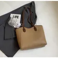 Chic khaki and dark brown contrast stitching large tote bag with plush ball charm - With Ornament / Khaki