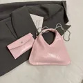Pink triangle leather handbag set with matching envelope wallet and silver chain strap - Main Bag and Pouch Set / Pink