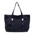 Large dark blue tote bag with nylon texture, decorative straps and matching small pouch - Blue