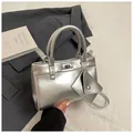 Silver metallic square tote bag with matching coin purse and top handles - Silver