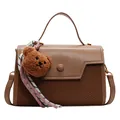 Minimalist khaki leather and woven small square handbag with a cute plush bear charm - With Pendant / Brown