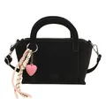 Bolso cubo negro con textura lichi, colgante de corazón rosa y correa ajustable - Con Colgante / Negro