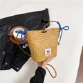 Straw bucket bag with blue bow, capybara print and wooden button in natural beige - Blue