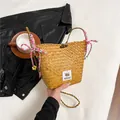 Straw bucket handbag with Capybara patch and colorful decorative charms - Pink