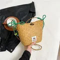 Minimalist straw bucket bag with green handles and Capybara patch for women - Green