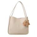 Beige PU leather tote bag with U-shaped stitching and a cute brown bear charm - White With Plush Accessory / White with Pendant