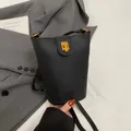 Bolso tipo cubo negro de cuero con patrón de lichi y cierre cuadrado dorado - Negro