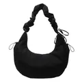 Minimalistische schwarze Halbmond-Schultertasche mit Faltenriemen und Kordelzug-Details - Schwarz