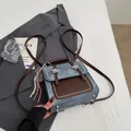 Blue denim and brown leather two-way square backpack with silver star studs and tassel - Denim Blue With Pendant