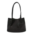 Minimalist black pebble leather tote bag with long shoulder straps and knot charm - Black