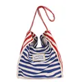 Blue and white striped canvas tote bag with red handles and 'CHERISH' patch detail - Blue Stripe